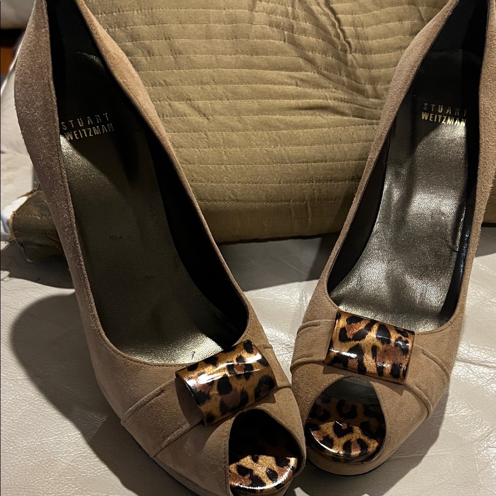 Stuart Weitzman Brown Peep-Toe Heels with Leopard Detail